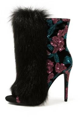Bestie Black faux fur stiletto boot with pink & teal sequin floral sparkle - Image 1 of 2