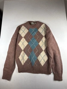 Vintage Sears Classic Mens L 100% Shetland Wool Gray Black Argyle V-Neck Sweater - Picture 1 of 6