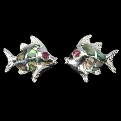 925 Sterling Silver Earrings Round Ruby Myanmar Mother Of Pearl Gemstone Jewelry - Image 1 of 4