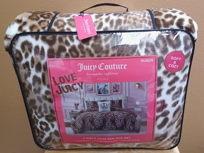 Juicy Couture Plush Faux Fur Brown/White Leopard Print 4pc QUEEN Comforter Set - Image 1 of 4