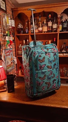 5 Cities Lightweight Cabin Suitcase – Turquoise Butterfly Print (53x37x17cm) - Image 1 of 4