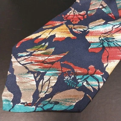 J.T. Beckett Men's Silk Neck Tie W:3.5" by L:56" Navy Blue Tropical Flowers - Image 1 of 4