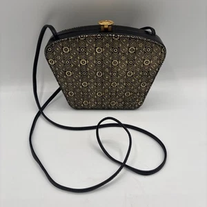 Vintage Albert Nipon Purse Crossbody Black/Gold Faux Leather Patterned Small - Picture 1 of 12