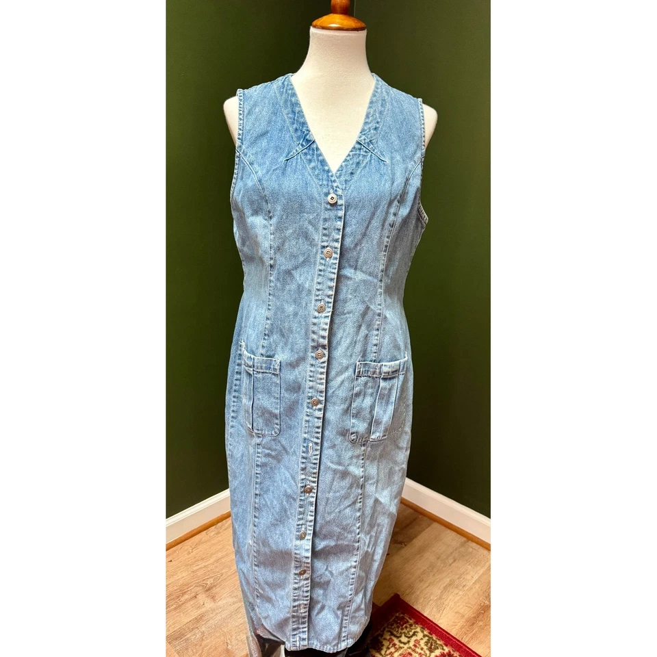Maxi Vestido Para Mujer Vintage Desteñido Glory Denim Sin Mangas Botón Delantero Talla 14 Foto 1 de 4