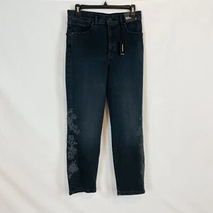 NEW Express Jeans Womens 6 Blue Denim Foral Embroidered Mom Jean Super High Rise - Picture 1 of 11