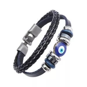 Black Leather Men Bracelet Evil Eye Greek Mati Turkish Nazar Weaved Cuff Blue - Picture 1 of 3