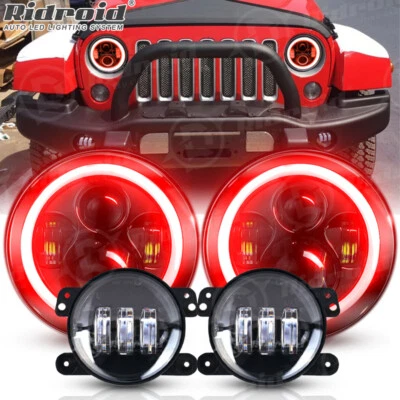 7'' Red Halo LED Headlights 4'' Fog Lights Combo Kit For Jeep Wrangler JK TJ JL — 第 1/4 张图片