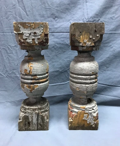 Antique Pair 13" Turned Wood Shabby Porch Balusters Thick Chunky VTG 1462-22B Cover
