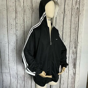 Chaqueta con capucha ligera con capucha negra Nike para hombre XL blanca Swoosh a rayas brazos con cremallera - Imagen 1 de 12