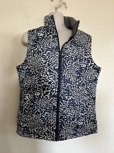 Lands End Down Puffer Vest Women's Small (6-8) Blue White Floral  Zip Up - Picture 1 of 5