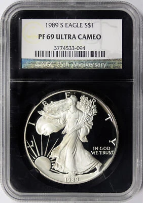 1989-S Proof $1 American Silver Eagle NGC Retro PF69UCAM 25th Anniversary Label - Image 1 of 2