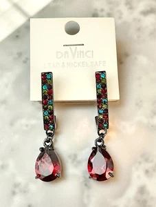 2" Long Elegant Red Teardrop Multicolor Crystals Post Casual Chic Earrings - Picture 1 of 3