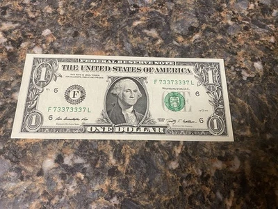 2009 Binary Note $1 Dollar Bill 73373337 RARE Fancy Serial Number - Image 1 of 2