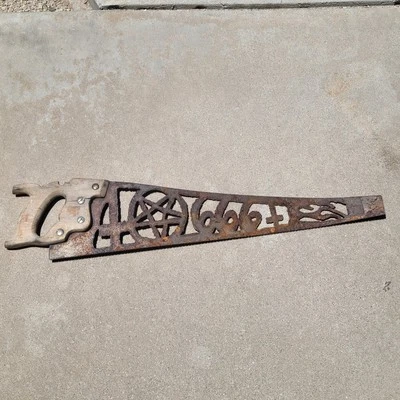 Vintage Saw Metal Art 666 Pentacle Devil Worship 26in Blade Rusty Halloween  - Image 1 of 4