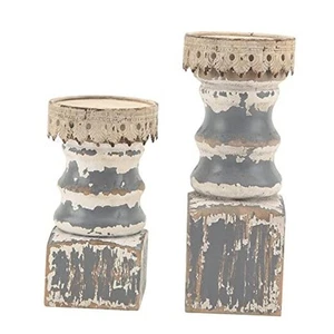 Farmhouse Pillar Candle Holder Set of 2 - Rustic Wood Decorative Candlesticks - Picture 1 of 7