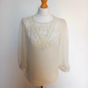 Topshop UK 10 12  Ivory 3/4 Sleeve Button Back Sheer Blouse Top Boho Victorian - Picture 1 of 7