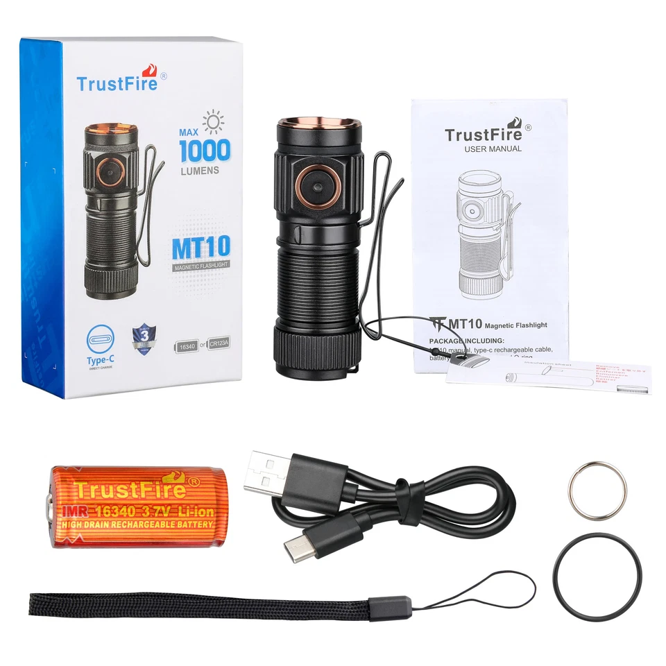 Trustfire MT10 Rechargeable LED Flashlight 1000 Lumens USB-C Magnetic EDC Light