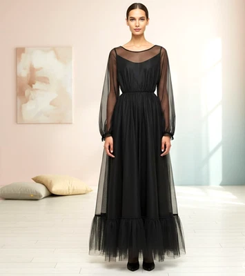 Maxi abrigo elástico de organza transparente con volantes dobladillo noche fiesta vestido para mujer Foto 1 de 4