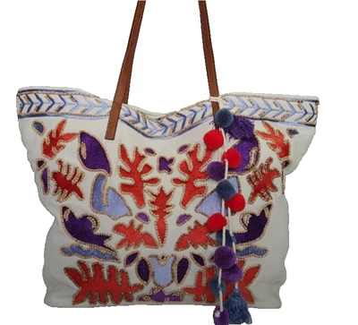 STEVEN BEADED STEVE MADDEN CANVAS TOTE/ SHOULDER BAG BOHEMIAN POM POMS/ TASSELS - Image 1 of 4