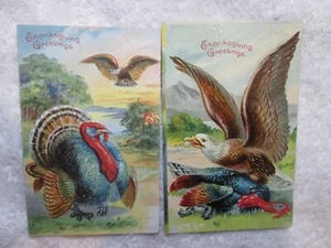 2 Antique 1910 Saxony Germany Thanksgiving Eagle Turkey Postcard Embossed - Picture 1 of 4