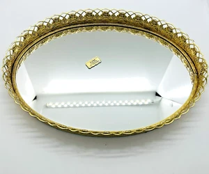 Vintage ovaler Kosmetikspiegel Parfüm Tablett Gold Metall filigran Hollywood Regency - Bild 1 von 8