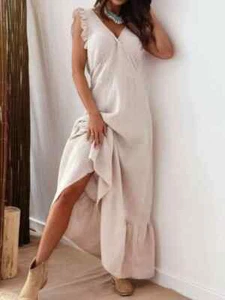 Women's Ruffled V-Neck Cap Sleeve Maxi Dress - 5 Colors - S-2XL - Picture 1 of 29