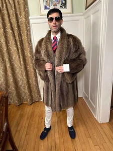 New 36" Long Mens Silver Tipped Raccoon Real Fur Coat Size 44R Medium Jacket USA - Picture 1 of 9
