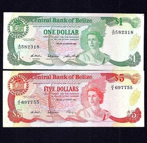 Belize  1 + 5  Dollars  1987  P-46 + 47  VF - Picture 1 of 2