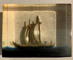 Vintage Paperweight Golden Ship Lucite Cube “Oceanic” Ship - Picture 1 of 7