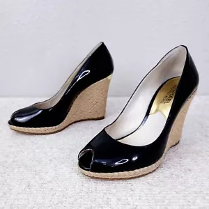 Michael Kors Espadrille Wedge Pump Women 6 Black Patent Leather Peep-Toe Keegan - Picture 1 of 9
