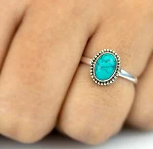 925 Sterling Silver Turquoise Ladies Oval Gemstone Ring Gift Boxed Jewellery - Picture 1 of 6