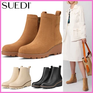 SUEDI Women Platform Chelsea Boots Goodyear Welt Wedge Heel Zipper Ankle Booties - Picture 1 of 42
