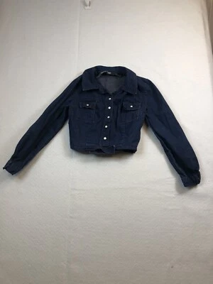 Chaqueta vaquera hecha a mano crop firmada por HANLEY talla pequeña lavado oscuro Y2K Foto 1 de 4