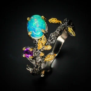 Handmade Jewelry Gift Natural  Opal Silver Ring  925 Sterling / RVS270 - Picture 1 of 7