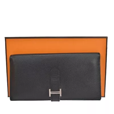 HERMES Logos Bearn Long Bifold Wallet Purse ▢L Veau Epsom Leather Black 85YC192 • 618€