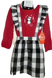 New Toddler Girls 2T Pinafore Skirt Set Christmas Plaid Penguin 3 Piece Outfit - Picture 1 of 4