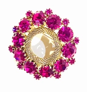 Vintage Weiss Fuchsia Pink Rhinestone and Gold Tone Wreath Brooch - Picture 1 of 3