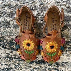 Toddler Girls Handmade Brown Leather Sandal - Embroidered Sunflower- Size 7/8 - Picture 1 of 6