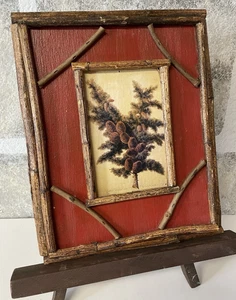 Rustic Pinecone Picture w/Wood & Twig Frame 9"X11" Cabincore Winter Deep Red - Picture 1 of 10
