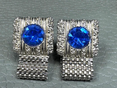 Gemelos envolventes vintage de piedra azul chapados en oro blanco Foto 1 de 2