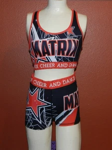 Youth XL Matrix Cheerleader Practice Style Uniform Crop Top & Shorts Black Red - Picture 1 of 8