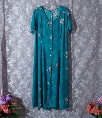 Vintage 90s Floral Dress Size XL 1990s Green Rayon Cottage Prairie Long Maxi - Image 1 of 4