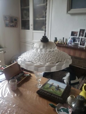 Suspension Lustre Art Déco Verrerie Moulé Pressé XXème - Photo 1/4