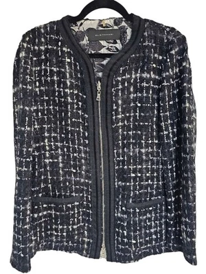 Elie Tahari Womens 12 Zip Front Jacket Silk Virgin Wool Black White Fuzzy Blazer - Image 1 of 4