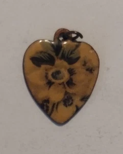 Vintage Enameled Copper Heart Shaped Pendant Yellow Flower - Picture 1 of 2