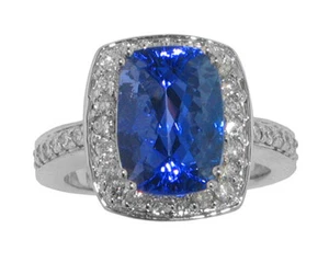 8.37 CT. TW Cushion Cut Tanzanite In Round Diamond Halo Accented 14 KT Ring - Picture 1 of 4