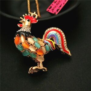 Betsey Johnson Cock Opal Color Rooster Rainbow Tail Pendant Chain Necklace