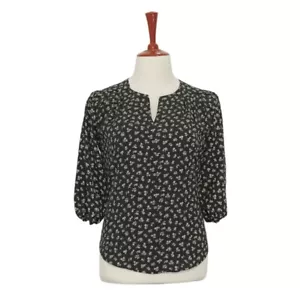 Womens Silky Blouse Floral Black Ivory Crinkle 3/4 Sleeve V-Neck Loose Top Large - Picture 1 of 6
