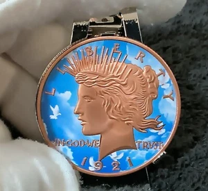 Blacks Money Clips: Sky Blue Joan Of Ark Peace Dollar Money Clip - Picture 1 of 4