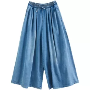 Lady Denim Culottes Jeans Loose Casual Flared Wide Leg High Waist Pants Trousers - Picture 1 of 12